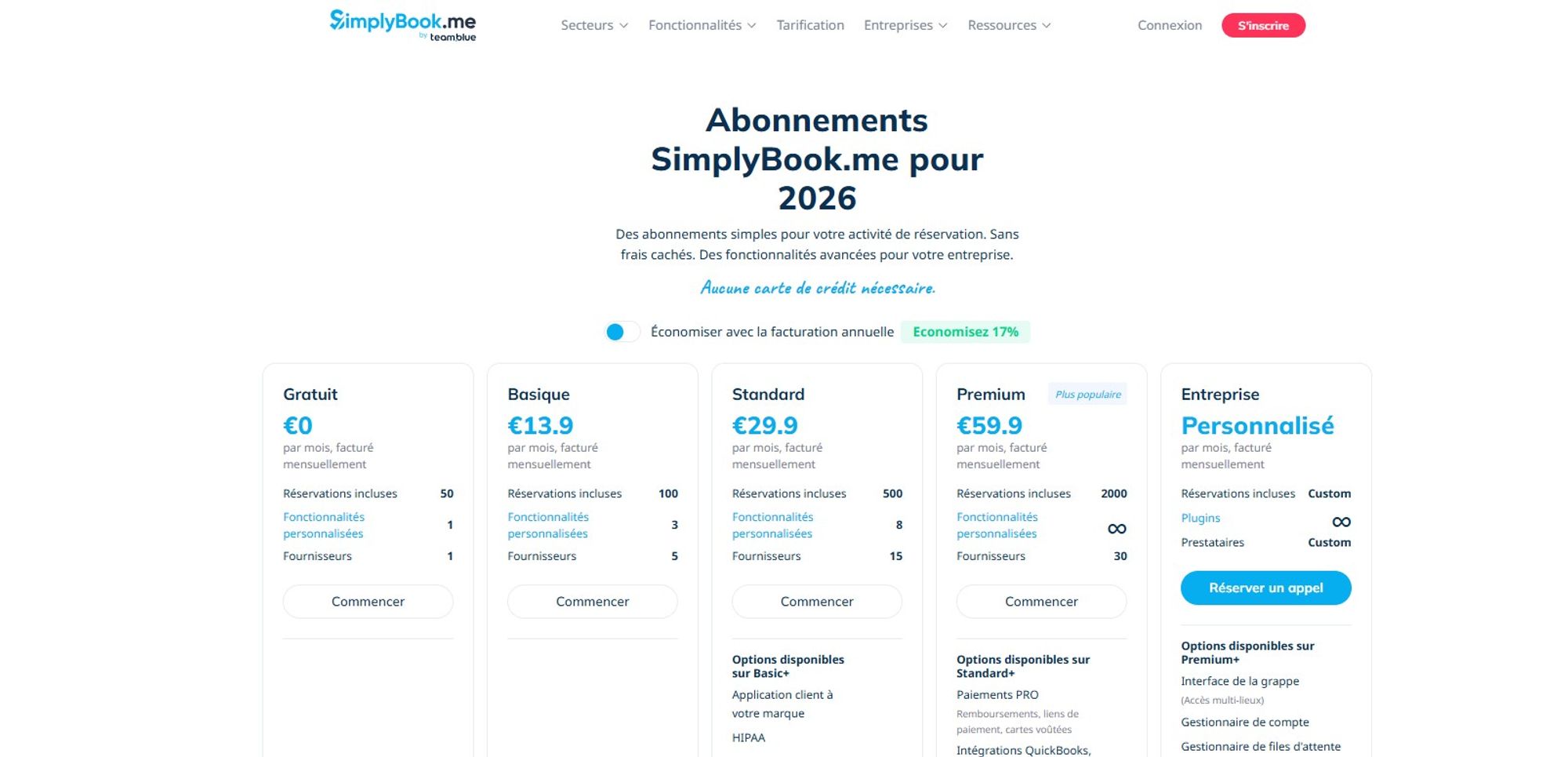 capture d’écran des tarifs de simplybook.me